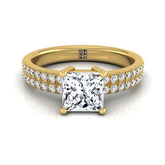 14K Yellow Gold Princess Cut Diamond Double Pave Row Engagement Ring -1/4ctw