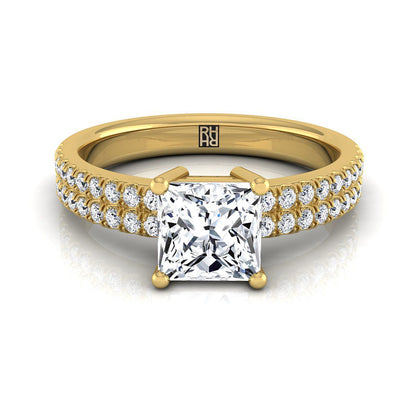 18K Yellow Gold Princess Cut Diamond Double Pave Row Engagement Ring -1/4ctw