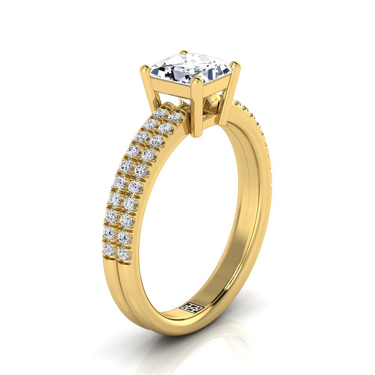 18K Yellow Gold Princess Cut Diamond Double Pave Row Engagement Ring -1/4ctw