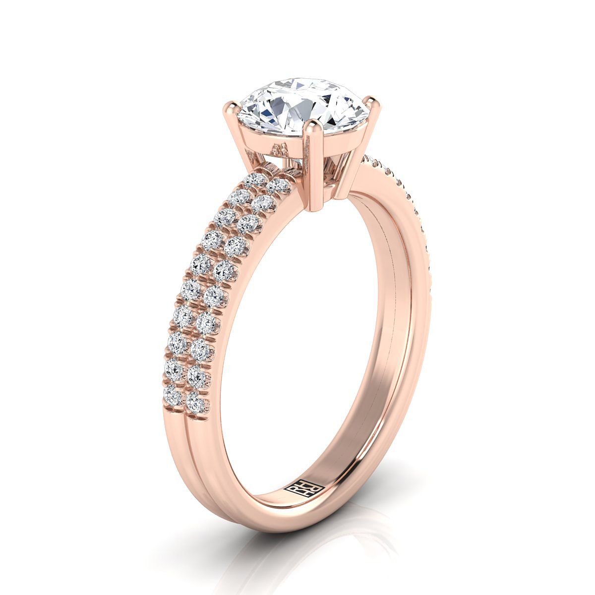 14K Rose Gold Round Brilliant Pink Sapphire Double Pave Diamond Row Engagement Ring -1/4ctw