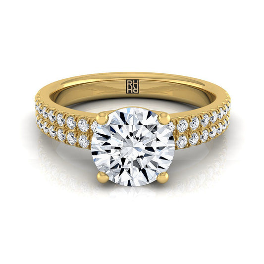 18K Yellow Gold Round Brilliant Diamond Double Pave Row Engagement Ring -1/4ctw