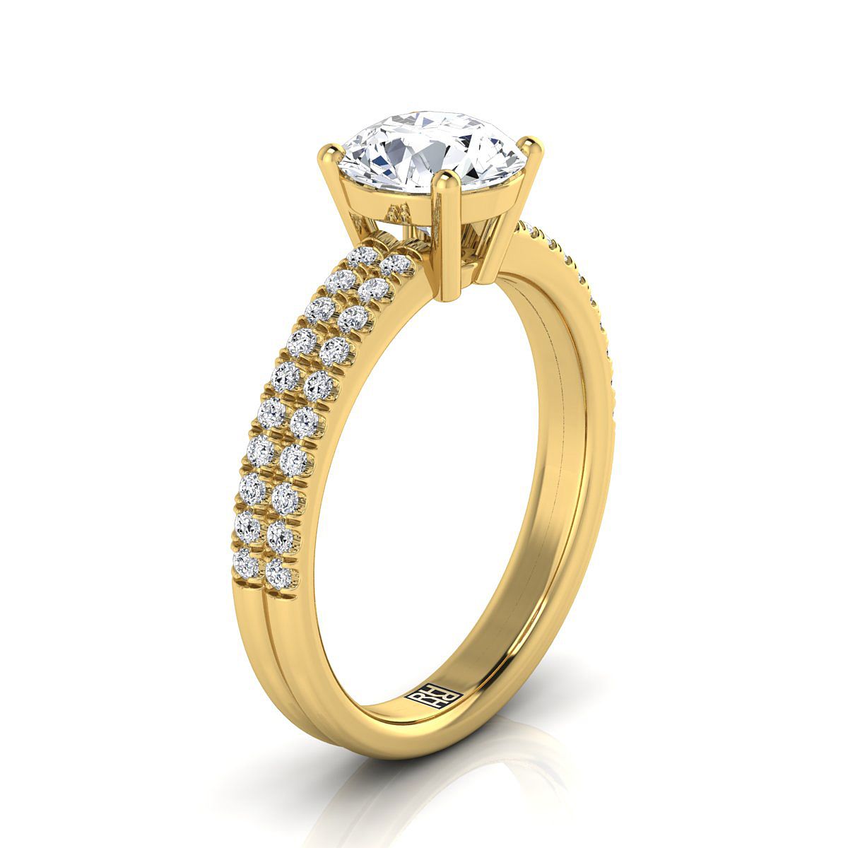 18K Yellow Gold Round Brilliant Aquamarine Double Pave Diamond Row Engagement Ring -1/4ctw