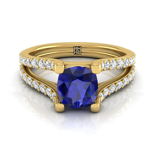 18K Yellow Gold Cushion Prong Set Sapphire Split Shank Engagement Ring