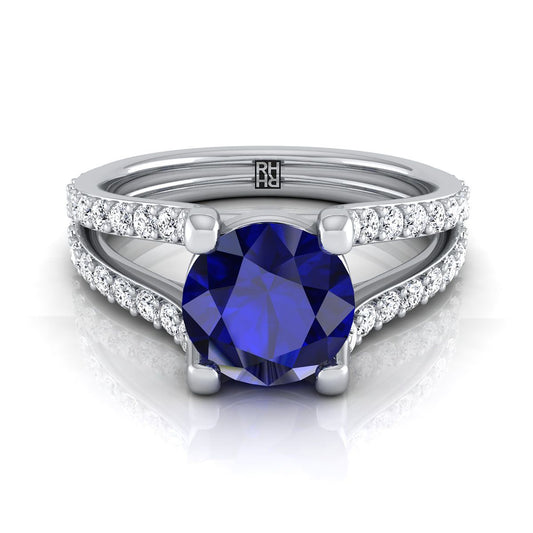 18K White Gold Round Brilliant Prong Set Sapphire Split Shank Engagement Ring