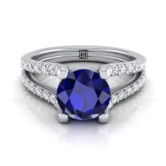18K White Gold Round Brilliant Prong Set Sapphire Split Shank Engagement Ring