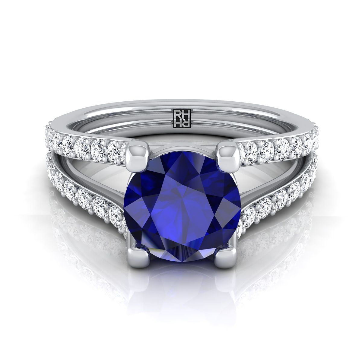 Platinum Round Brilliant Prong Set Sapphire Split Shank Engagement Ring