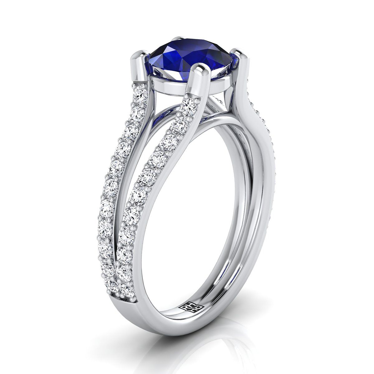 14K White Gold Round Brilliant Prong Set Sapphire Split Shank Engagement Ring