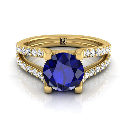 18K Yellow Gold Round Brilliant Prong Set Sapphire Split Shank Engagement Ring
