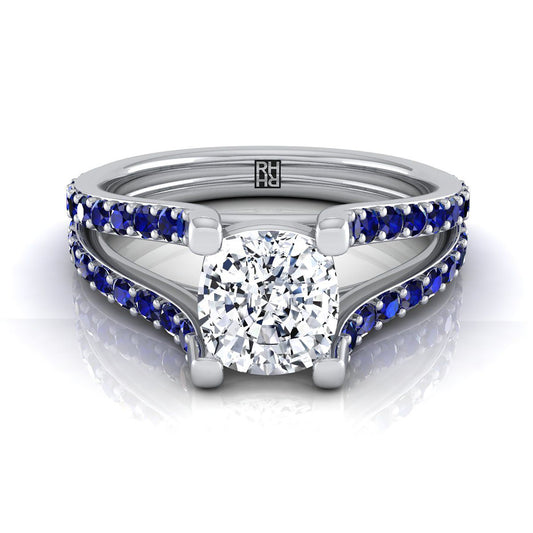 14K White Gold Cushion Prong Set Sapphire Split Shank Engagement Ring