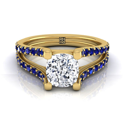 18K Yellow Gold Cushion Prong Set Sapphire Split Shank Engagement Ring