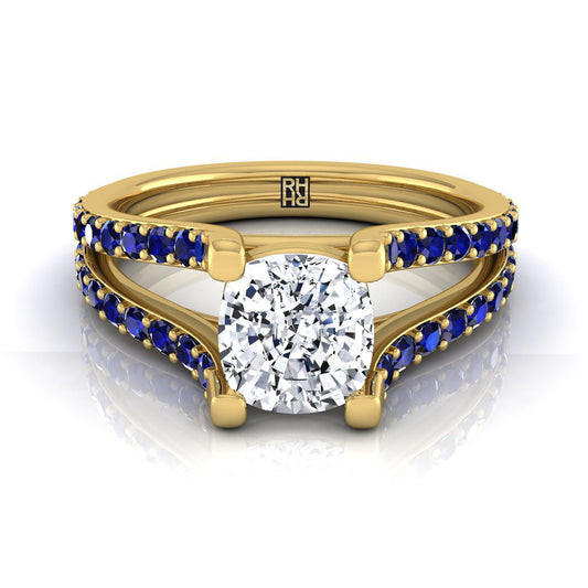 14K Yellow Gold Cushion Prong Set Sapphire Split Shank Engagement Ring