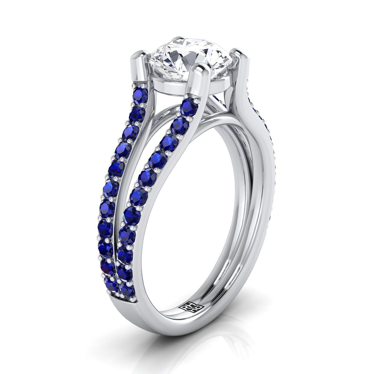 14K White Gold Round Brilliant Prong Set Sapphire Split Shank Engagement Ring