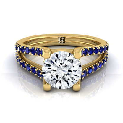 18K Yellow Gold Round Brilliant Prong Set Sapphire Split Shank Engagement Ring