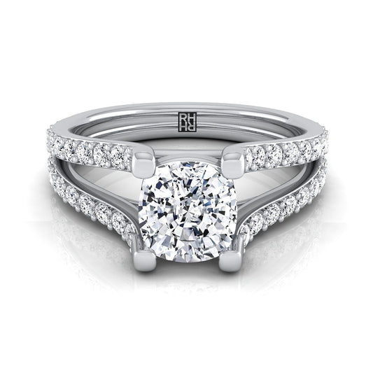 Platinum Cushion Prong Set Sapphire Split Shank Engagement Ring