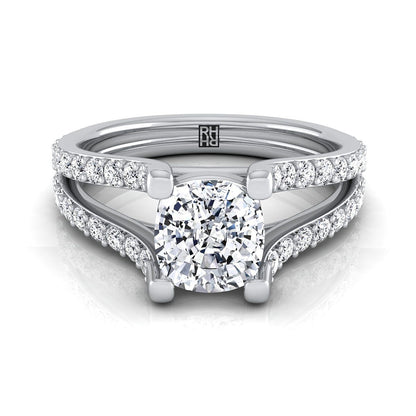 18K White Gold Cushion Prong Set Sapphire Split Shank Engagement Ring