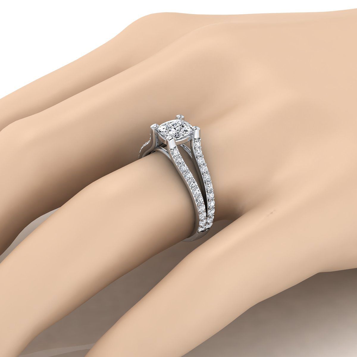 18K White Gold Cushion Prong Set Sapphire Split Shank Engagement Ring