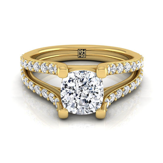 18K Yellow Gold Cushion Prong Set Sapphire Split Shank Engagement Ring