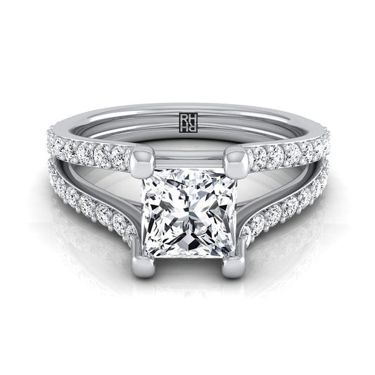 14K White Gold Princess Cut Prong Set Sapphire Split Shank Engagement Ring