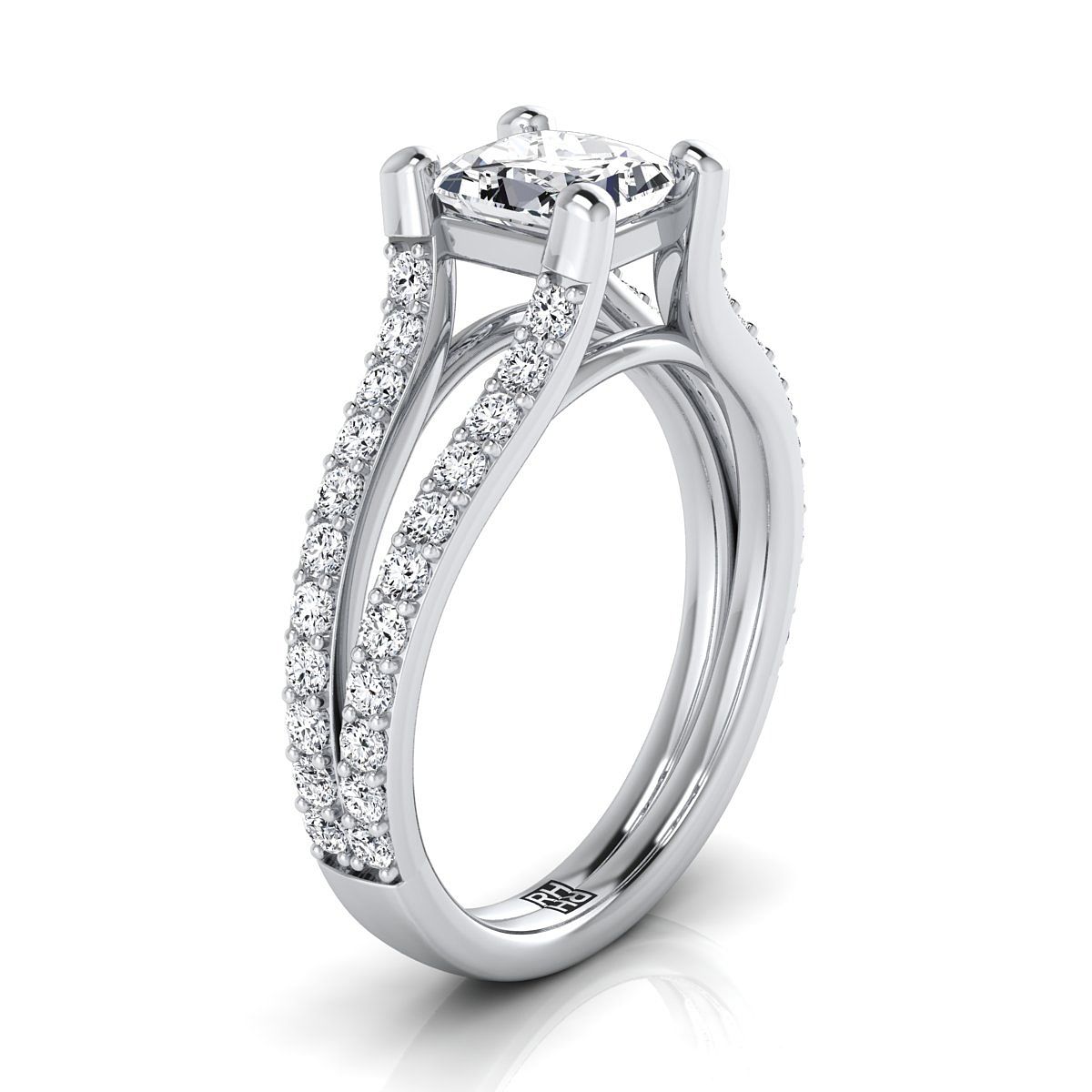 18K White Gold Princess Cut Prong Set Sapphire Split Shank Engagement Ring
