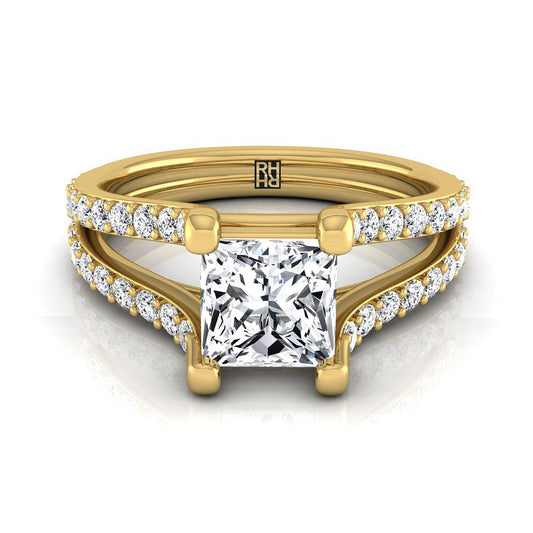 14K Yellow Gold Princess Cut Prong Set Sapphire Split Shank Engagement Ring