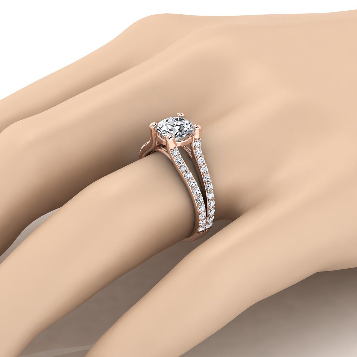 14K Rose Gold Round Brilliant Prong Set Sapphire Split Shank Engagement Ring