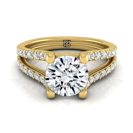 14K Yellow Gold Round Brilliant Prong Set Sapphire Split Shank Engagement Ring