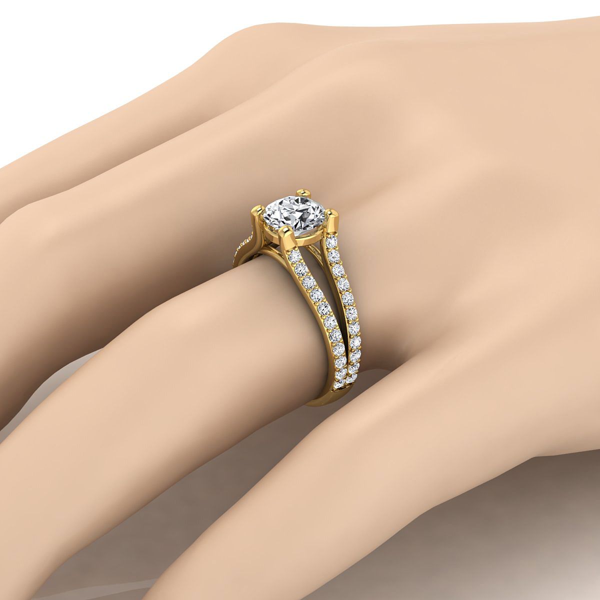 14K Yellow Gold Round Brilliant Prong Set Sapphire Split Shank Engagement Ring