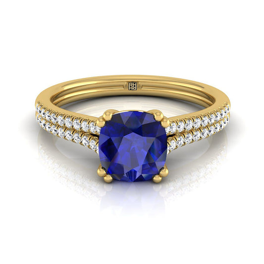 18K Yellow Gold Cushion Sapphire Double Row Double Prong French Pave Diamond Engagement Ring -1/6ctw