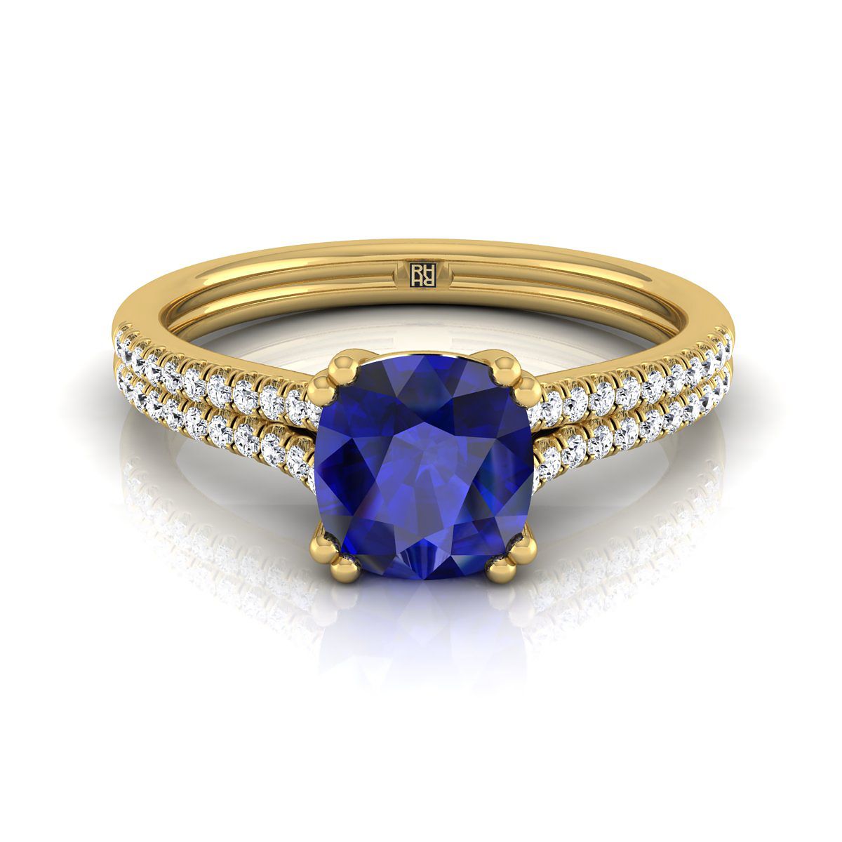 18K Yellow Gold Cushion Sapphire Double Row Double Prong French Pave Diamond Engagement Ring -1/6ctw