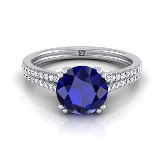 18K White Gold Round Brilliant Sapphire Double Row Double Prong French Pave Diamond Engagement Ring -1/6ctw