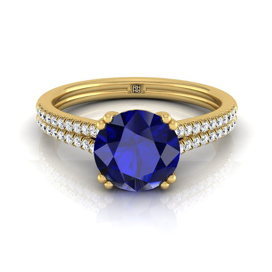 18K Yellow Gold Round Brilliant Sapphire Double Row Double Prong French Pave Diamond Engagement Ring -1/6ctw