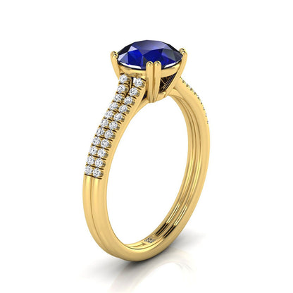 18K Yellow Gold Round Brilliant Sapphire Double Row Double Prong French Pave Diamond Engagement Ring -1/6ctw