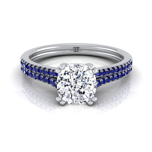 Platinum Cushion  Double Row Double Prong French Pave Diamond Engagement Ring