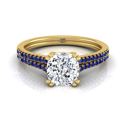 18K Yellow Gold Cushion  Double Row Double Prong French Pave Diamond Engagement Ring