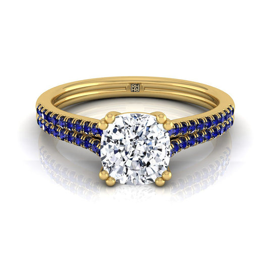18K Yellow Gold Cushion  Double Row Double Prong French Pave Diamond Engagement Ring