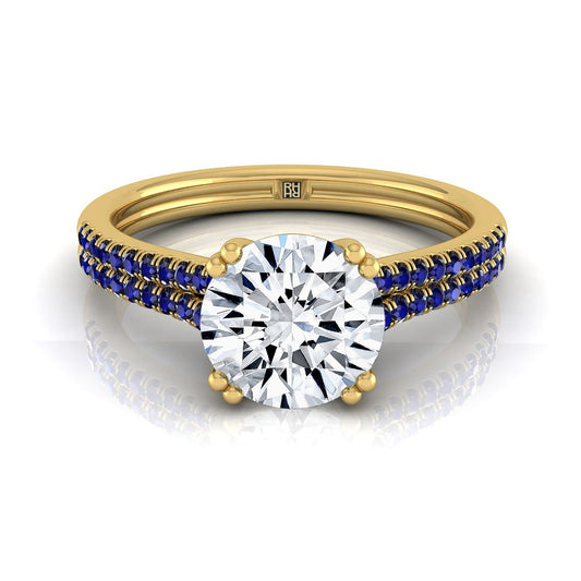 18K Yellow Gold Round Brilliant  Double Row Double Prong French Pave Diamond Engagement Ring