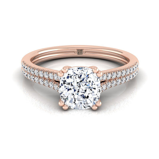 14K Rose Gold Cushion Diamond Double Row Double Prong French Pave Engagement Ring -1/6ctw
