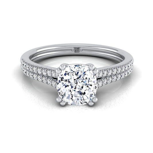14K White Gold Cushion Diamond Double Row Double Prong French Pave Engagement Ring -1/6ctw