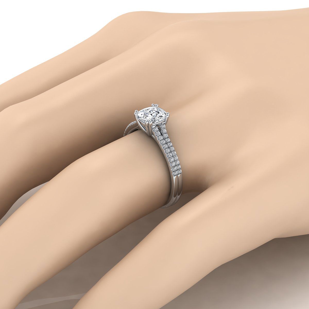 18K White Gold Cushion Diamond Double Row Double Prong French Pave Engagement Ring -1/6ctw