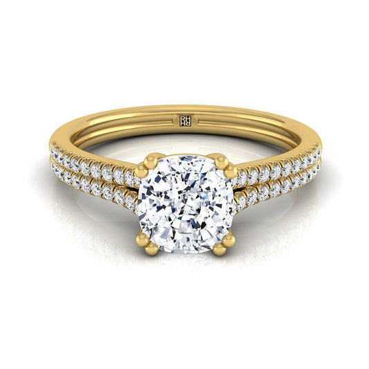 14K Yellow Gold Cushion Diamond Double Row Double Prong French Pave Engagement Ring -1/6ctw