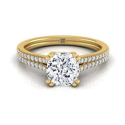 18K Yellow Gold Cushion Diamond Double Row Double Prong French Pave Engagement Ring -1/6ctw