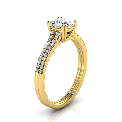 18K Yellow Gold Cushion Diamond Double Row Double Prong French Pave Engagement Ring -1/6ctw