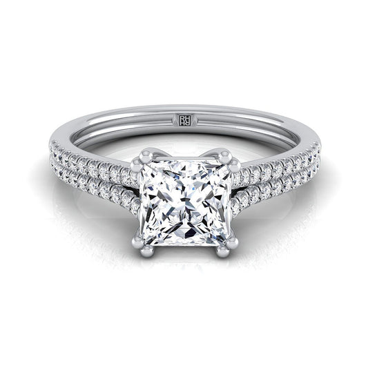 14K White Gold Princess Cut Diamond Double Row Double Prong French Pave Engagement Ring -1/6ctw