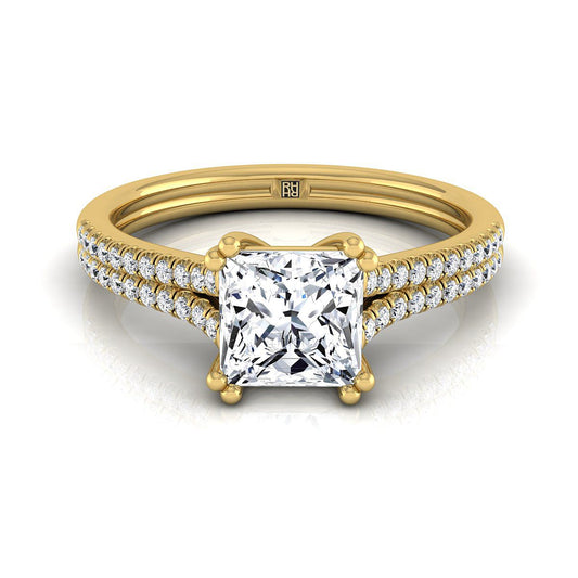 14K Yellow Gold Princess Cut Diamond Double Row Double Prong French Pave Engagement Ring -1/6ctw