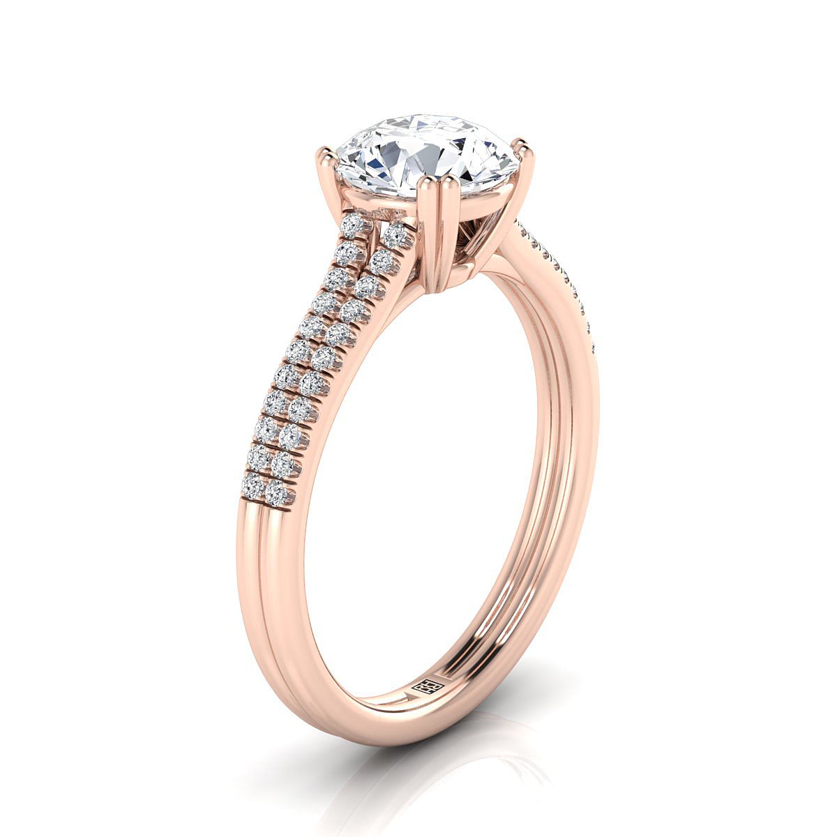 14K Rose Gold Round Brilliant Ruby Double Row Double Prong French Pave Diamond Engagement Ring -1/6ctw