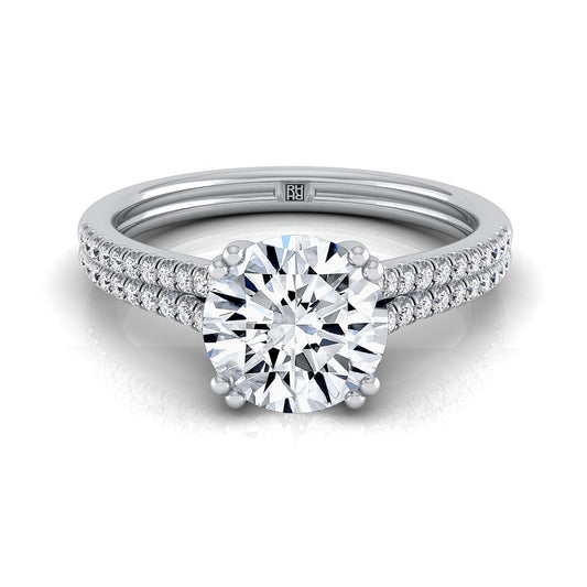 Platinum Round Brilliant Diamond Double Row Double Prong French Pave Engagement Ring -1/6ctw