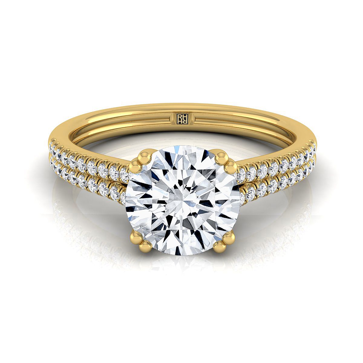 18K Yellow Gold Round Brilliant Diamond Double Row Double Prong French Pave Engagement Ring -1/6ctw