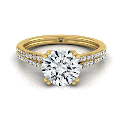 14K Yellow Gold Round Brilliant Diamond Double Row Double Prong French Pave Engagement Ring -1/6ctw