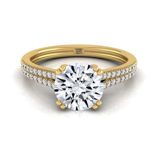 14K Yellow Gold Round Brilliant Diamond Double Row Double Prong French Pave Engagement Ring -1/6ctw