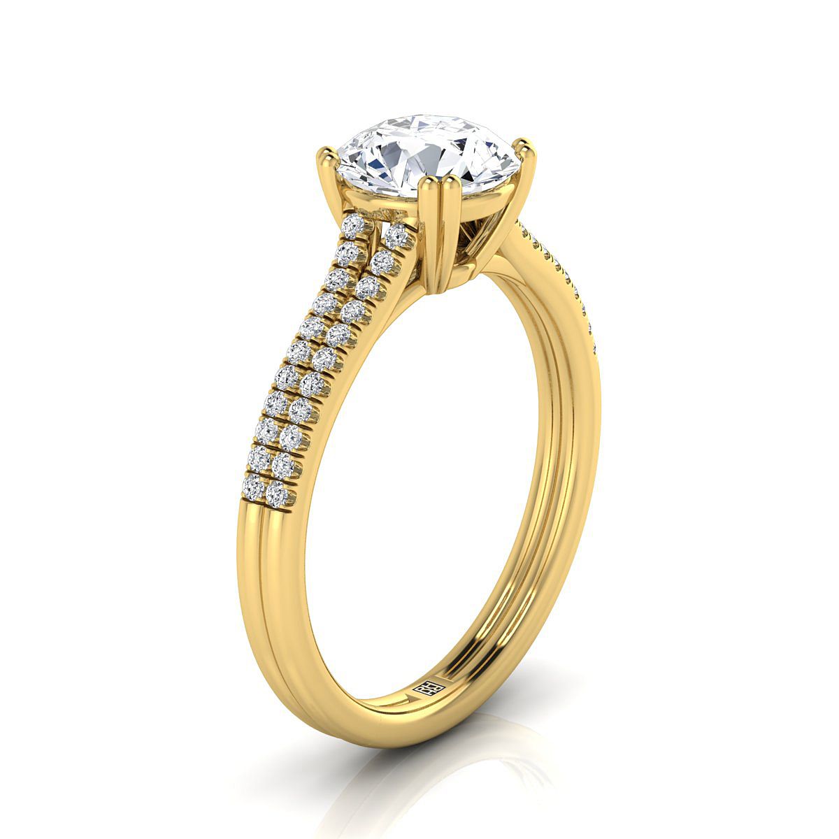 18K Yellow Gold Round Brilliant Diamond Double Row Double Prong French Pave Engagement Ring -1/6ctw